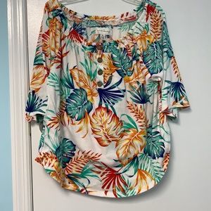 French laundry top colorful palm print ECU cute button detail blue teal yellow